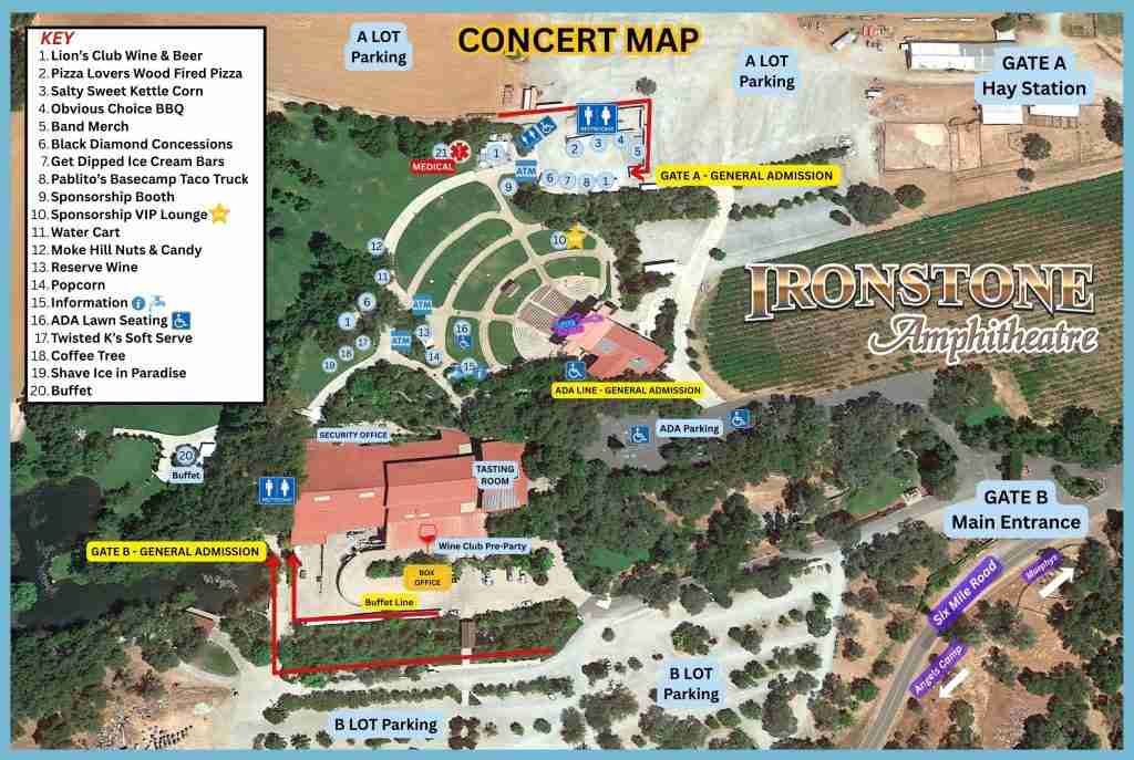 an image of the concert map for ironstone vineyards showing the bathroom locations, vendor locations, and other important info.